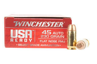 Winchester USA Ready 45 ACP ammo features a full metal jacket flat nose bullet